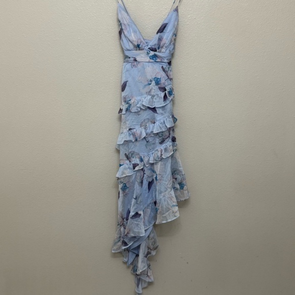 NEW Lulus Saveria Light Blue Floral Ruffle Asymmetrical Maxi Dress XS Party - Picture 5 of 9